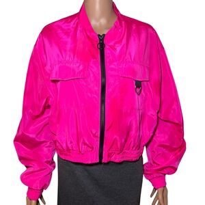 NEW LOOK SPORT Women's Neon Pink Bomber Jacket Cropped Zip Front Pockets XL